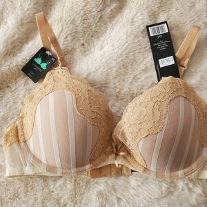 Heidi Klum Intimates Beige Lace & Striped Mesh Uplift Bra Size 32C